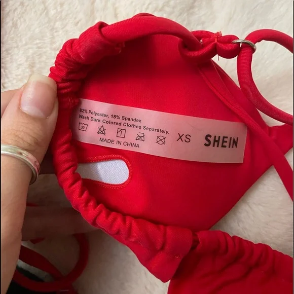 Red Three Piece Triangle Tie Bikini Set by SHEIN - Picture 2 of 4
